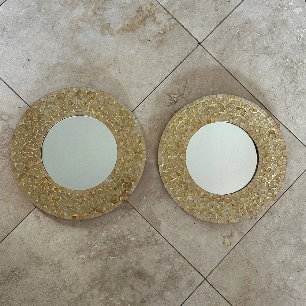 Vintage Round Mirrors • Mother of Pearl & Capiz Shell Inlay • 2 Available • EUC